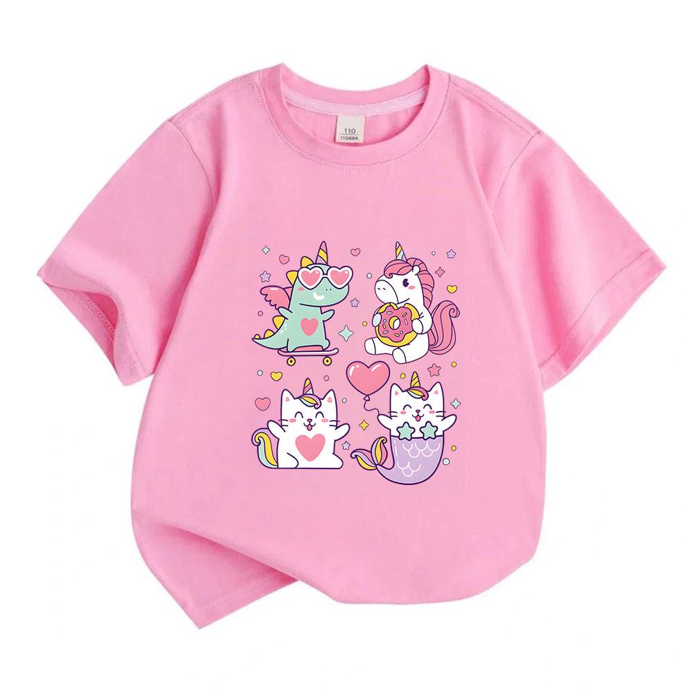 Kids Boys Girls 100% Cotton Crew Neck Short Sleeve T-Shirt, Cute Cartoon Dinosaur Unicorn Cat Mermaid Print Casual Soft Tee for Children Daily Wear