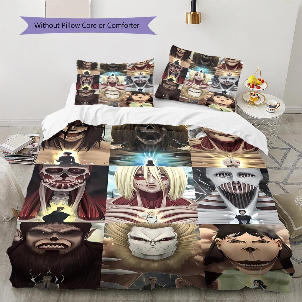 Pościel z motywem Attack on Titan, Zestaw kołdry Poszewka na kołdrę Poszewka na poduszkę Domowy prezent urodzinowy (1 * poszwa na kołdrę + 2 * poszewki na poduszki, bez rdzenia)
