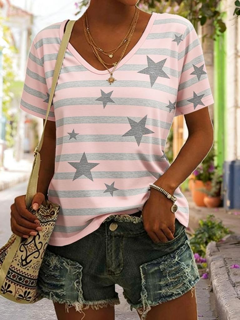 Summer Star Stripe 3D Print T-Shirts Women's Casual Short Sleeve V-Neck T Shirt Top Y2k Harajuku Tees Female Streetwear Clothing
