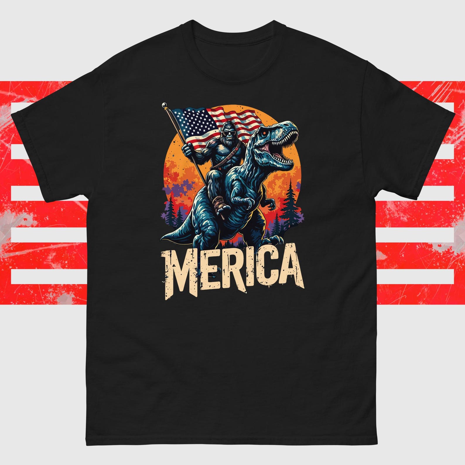 Bigfoot Merica Sasquatch Riding Dinosaur T-rex Funny 4th Of July T-Shirt 2XL