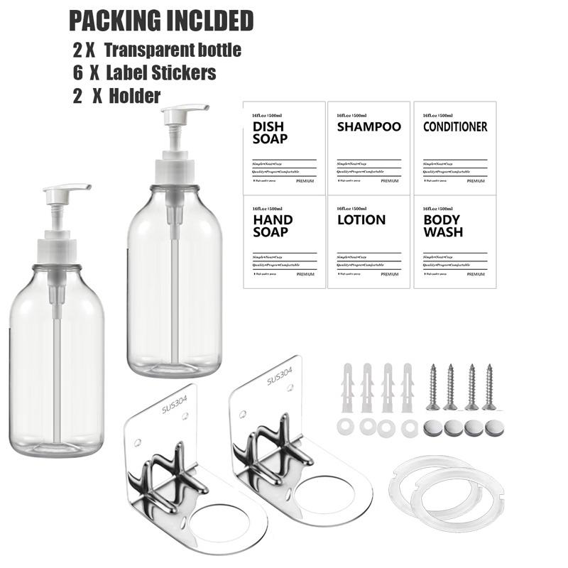 Dozator de șampon și balsam transparent de 500 ml pentru sticle de săpun de duș cu montare pe perete cu etichete Reumplere dozatoare de spălat corporal pentru baie, bucătărie