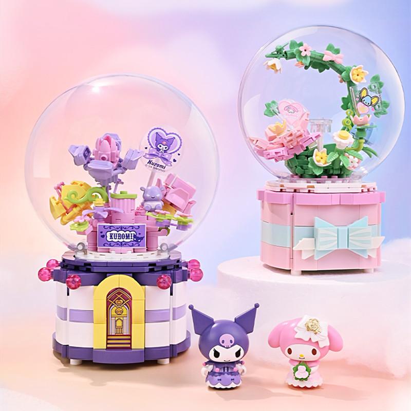 Keeppley Building Block My Melody Kuromi Cinnamoroll Action Figure Crystal Ball Music Box Toy Christma Gift