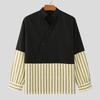 INCERUN Oversized Men Stand V Neck Long Sleeve Striped Patchwork Casual T-shirts Tops