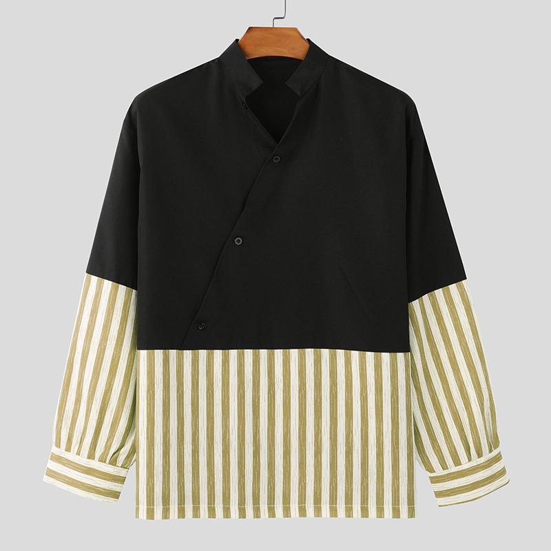 INCERUN Oversized Men Stand V Neck Long Sleeve Striped Patchwork Casual T-shirts Tops
