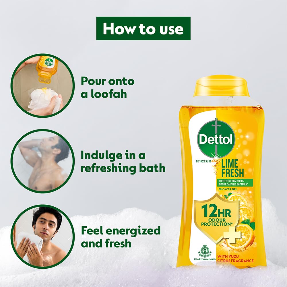 Dettol Lime Fresh Body Wash and Shower Gel, 250ml | Soap-Free Bodywash | 12h Odour Protection