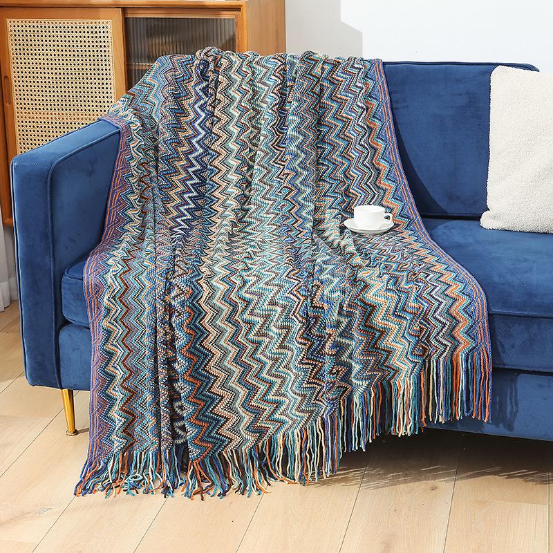 Bohemian Knitted Sofa Blanket: Cozy Autumn & Winter Shawl for Travel, Office, or Nap