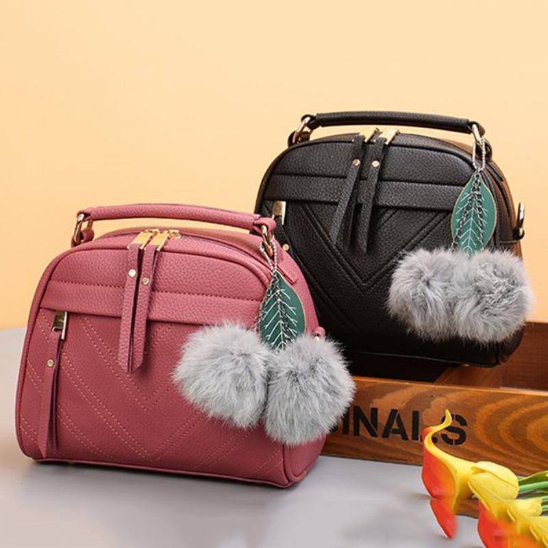 Leather Top-handle Bags Women Shoulder Handbags Hair Ball