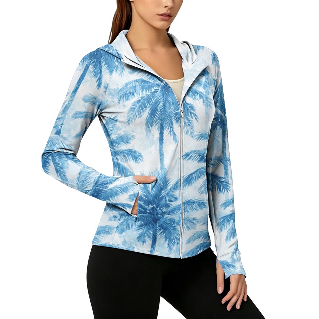 Women’s Zip Up Hooded Sun Jacket with Pockets Long Sleeve Lightweight Outerwear Tropical Print Design