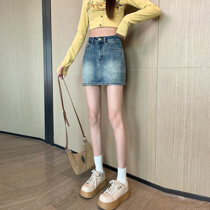Hip Skirt Miniskirt Summer Vintage Style A-line Skirt Summer Denim Skirt Summer High Waisted Anti-exposure Inner XS