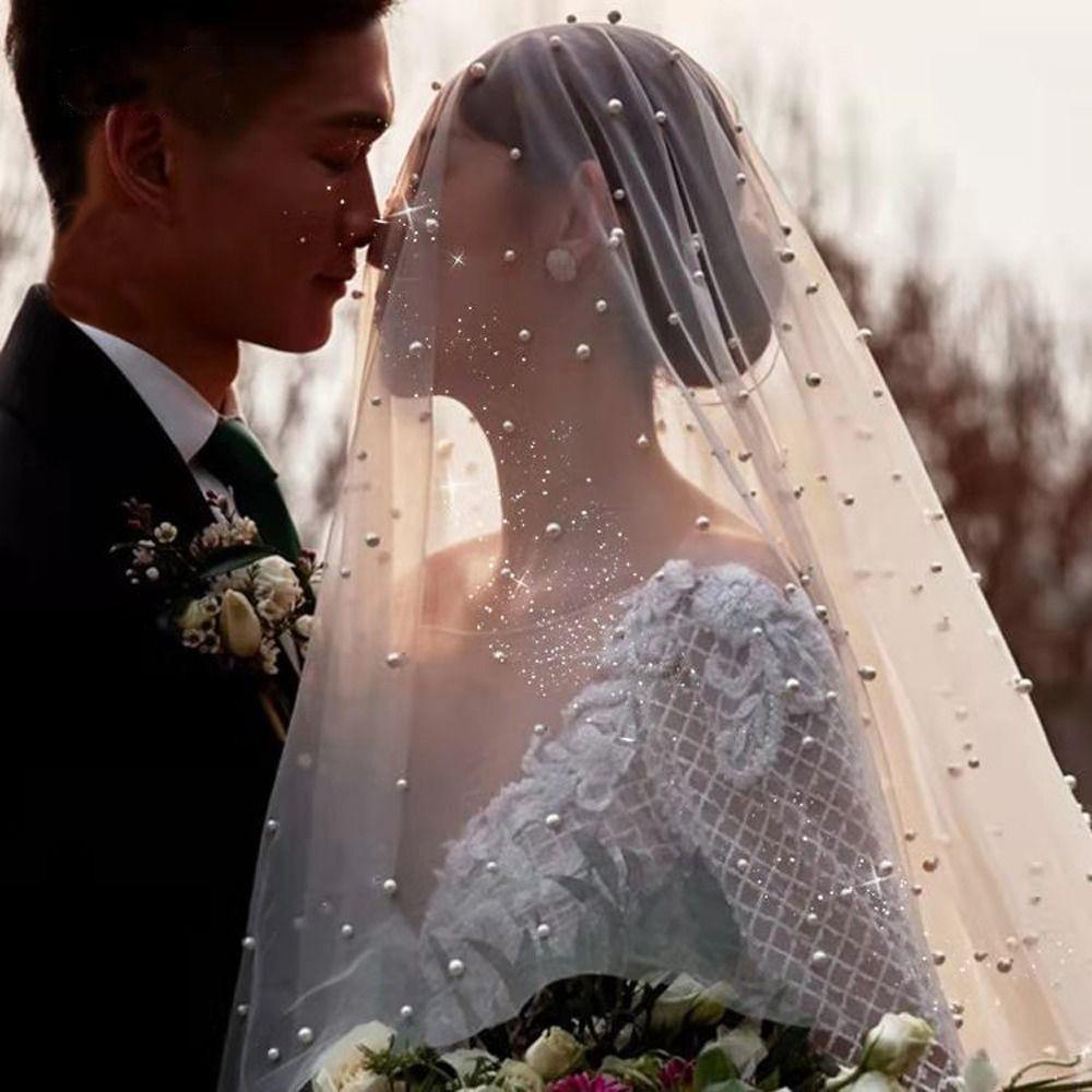 

Girls Cover Face Cathedral Wedding Pearl Bride Wedding Veils Women Bridal Veils Wedding Accessories 100cm