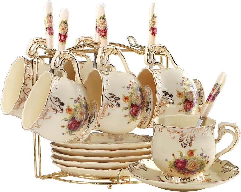 Tea Cups and Saucers Set of 6, 8 Oz Vintage Floral Porcelain Tea Cups Set, Coffee Cups with Golden Rack