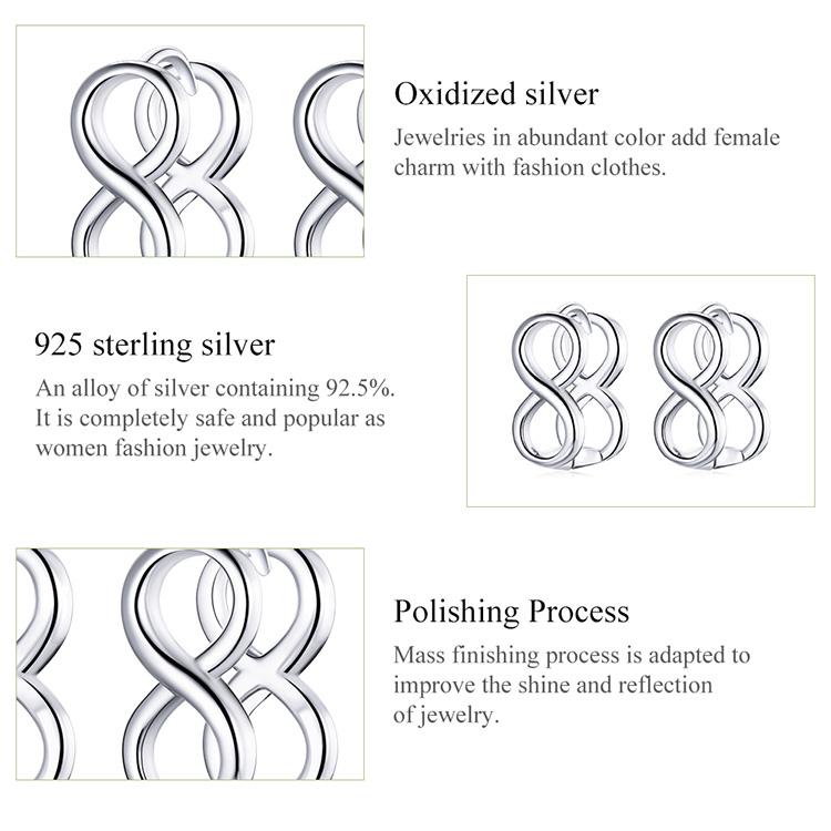 Bisaer 925 Sterling Silver Simple Fashionable Infinity Symbol Shape Stud Earrings for Women Wedding Fine Jewelry