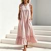 Sommer Gestreiftes Maxikleid für Damen Rundhalsausschnitt Ärmellos Rüschen A-Linie Schwingendes Kleid Strand Freizeit Fließendes Sommerkleid mit Taschen