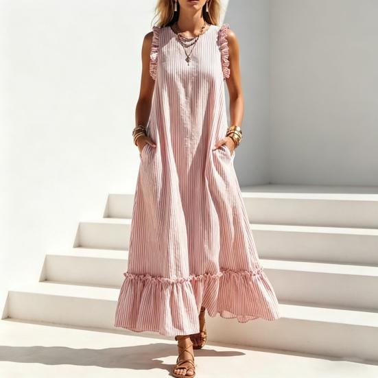 Sommer Gestreiftes Maxikleid für Damen Rundhalsausschnitt Ärmellos Rüschen A-Linie Schwingendes Kleid Strand Freizeit Fließendes Sommerkleid mit Taschen