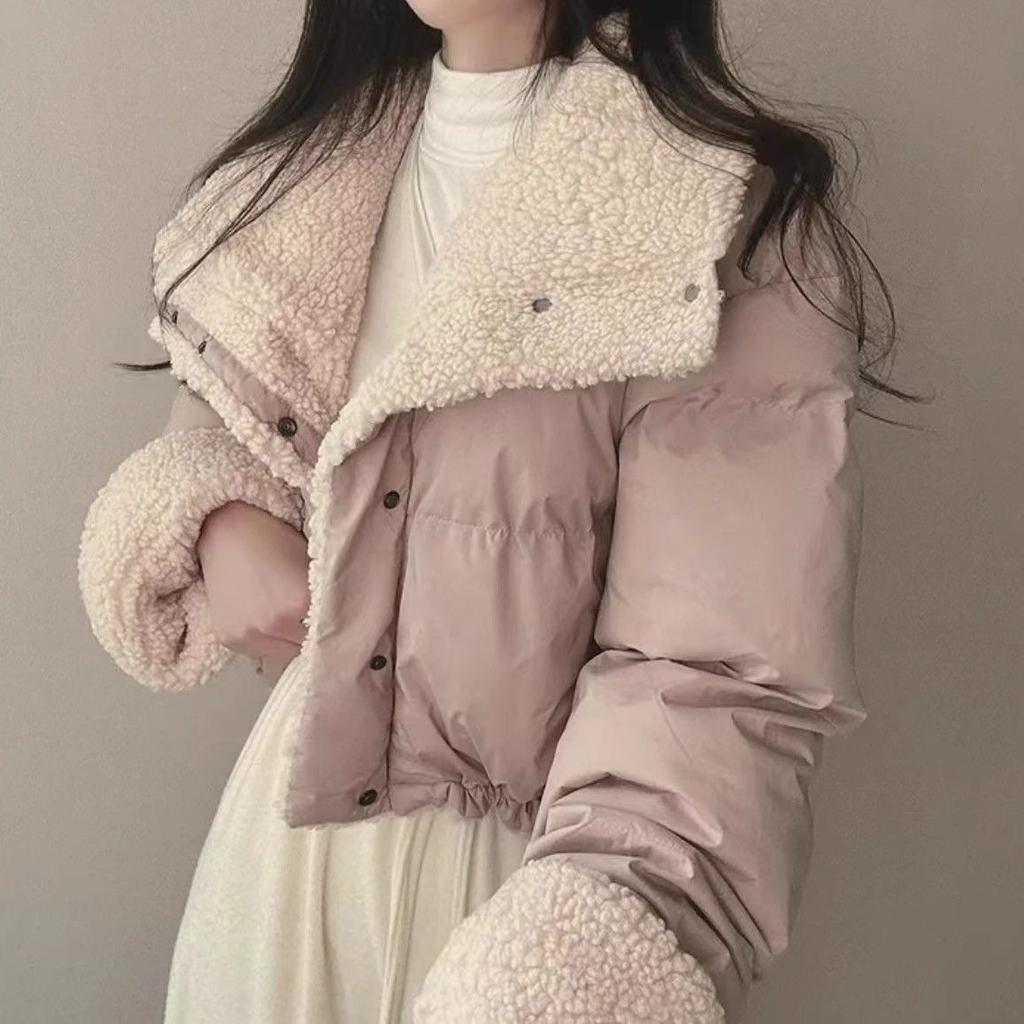 Women Short Medium Length Down Jacket Winter Warm Stand Collar Solid Color Casual Outerwear Coat