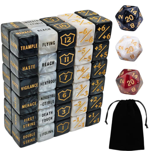 63-Piece MTG Counter Dice Set - Ability & Keyword Counters, -1/1 Life Counters, Shield Life Counter Dice, Creature Stat Boosts, Marble D6 Cube Dice fo