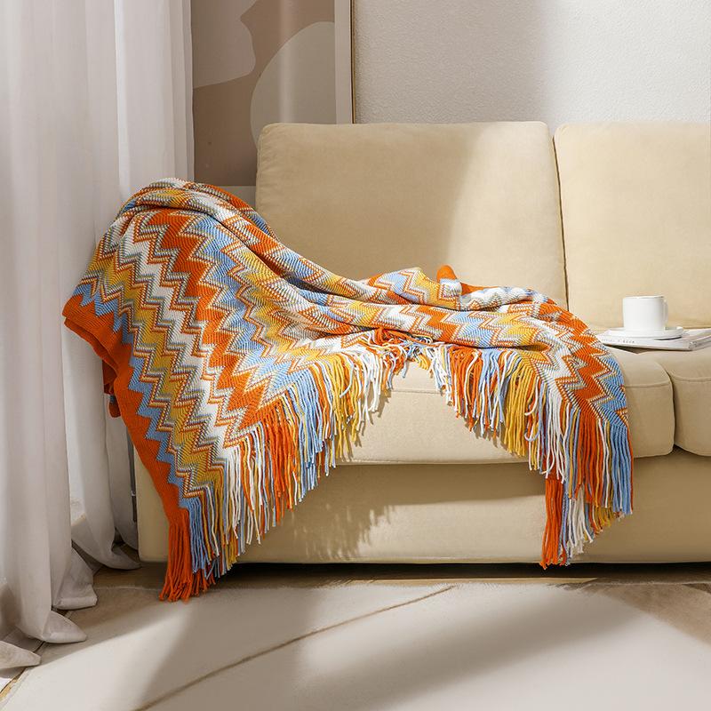 Vintage Böhmische Geometrisches Muster Überwurfdecke - Acryl Gestrickte Reise Decke für Alle Jahreszeiten, Maschinenwaschbar, Mehrzweck zum Nickerchen Machen