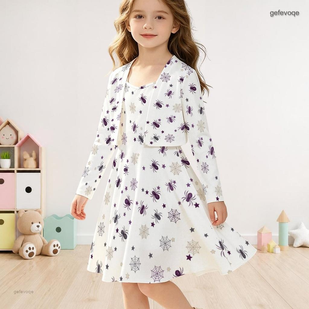 Girls White Halloween Two Piece Outfit Long Sleeve Cardigan Sleeveless Dress Pumpkin Bat Bow Print