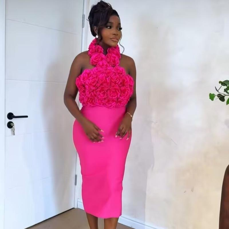 Bandage dress sexy fashion neck halter three-dimensional flower women's sleeveless dress Africa