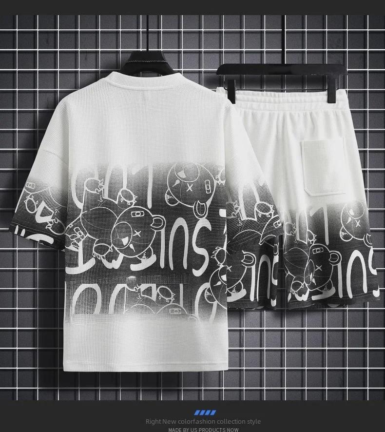 Pánská letní vaflová sada s krátkým rukávem a šortkami: M-5XL Volný ležérní dvoudílný sportovní outfit.