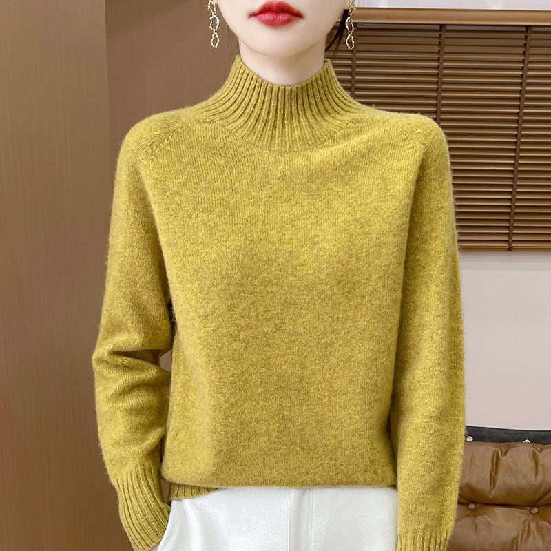 Women's Pure Wool Half-High Collar Loose Knit Sweater - Thickened Autumn/Winter Base Layer Pullover