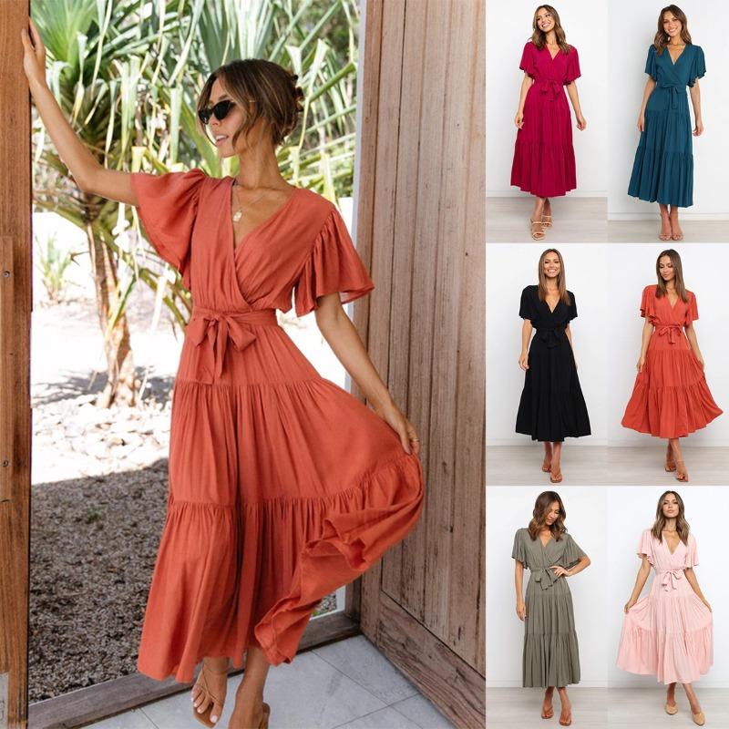 New v-neck commuter solid color short-sleeved waist dress, bohemian dress