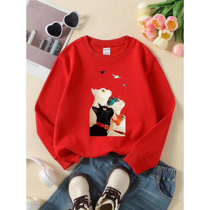 Kids Unisex Crewneck Sweatshirt, Four Colorful Cats Looking Up At Birds Cartoon Print Soft Fleece Pullover For Kids Over 4 Years Old