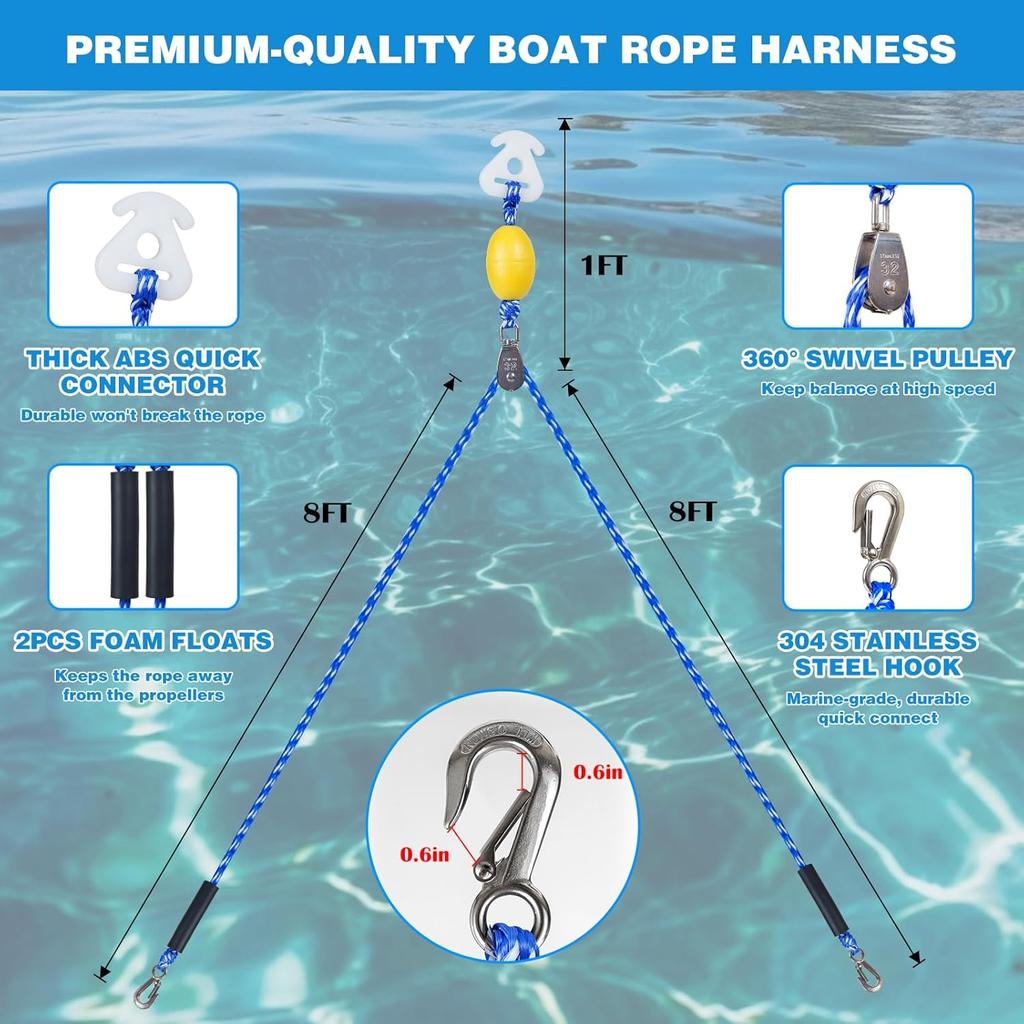 Heavy Duty Boat Tow Harness for Tubing, Self Centering 1-4 Riders, 360° Rotating Pulley, Floating Tube Rope
