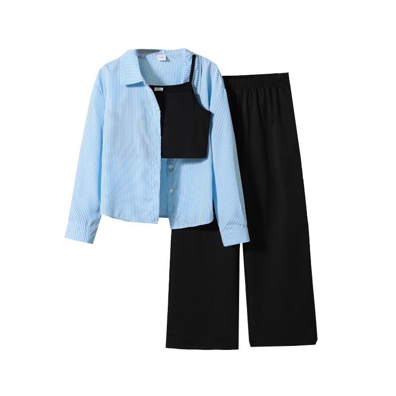 Dreiteiliges Set für Mädchen Frühjahr 2026: Gestreiftes Revershemd, Camisole, Lange Hose