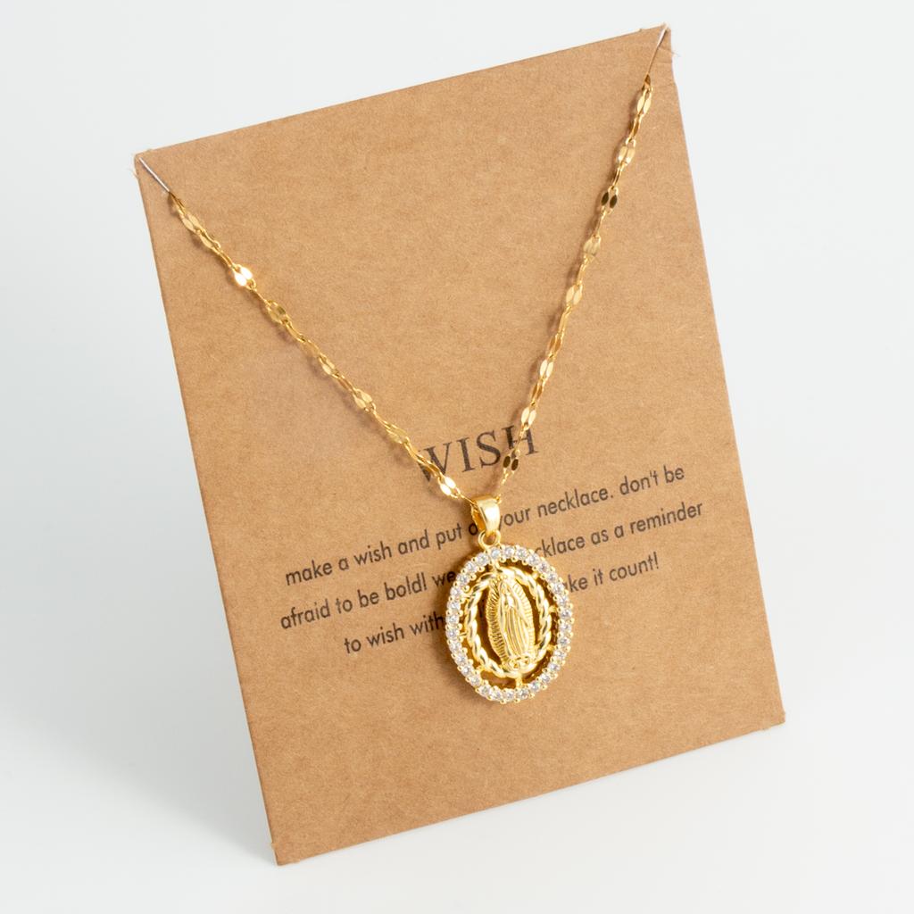 Oval round plaque inlaid with zircon religious pendant for women's party stainless steel Virgin Mary jewelry gift necklace