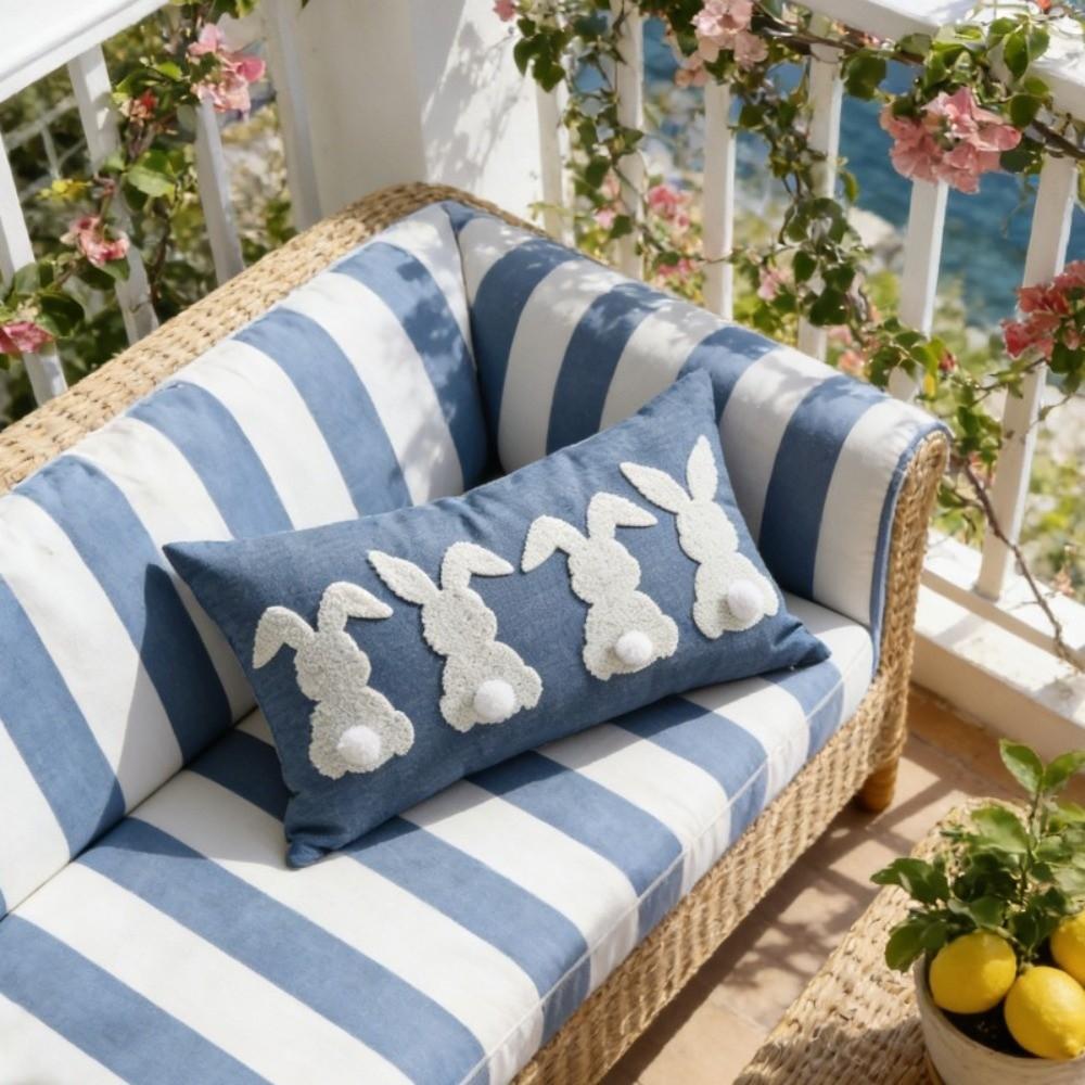 Embroidered Throw Pillow Cover Rectangular Waist Cushion Cover Easter Bunny Pillowcase  Sofa