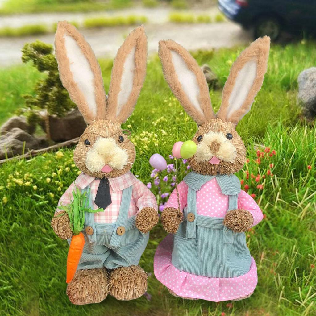 1 Pair Straw Woven Bunny Figurine Easter Sculpture Easter Theme Party Supplies Desktop Garden Party Favors Doll Ornament