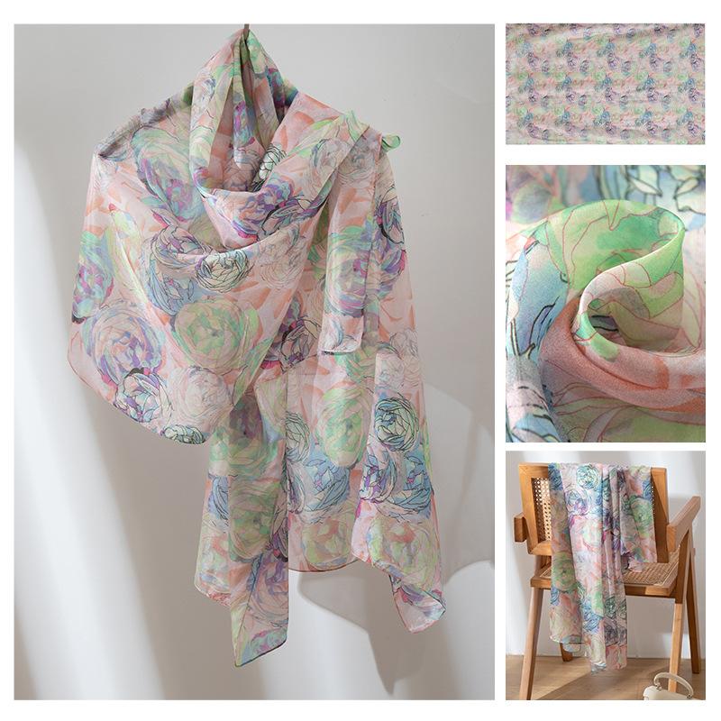 Long Strips of Silk Scarf  High-end Sense Mulberry Silk Scarf  Women's Fresh Small Floral Thin Style  Atmosphere  Big Shawl