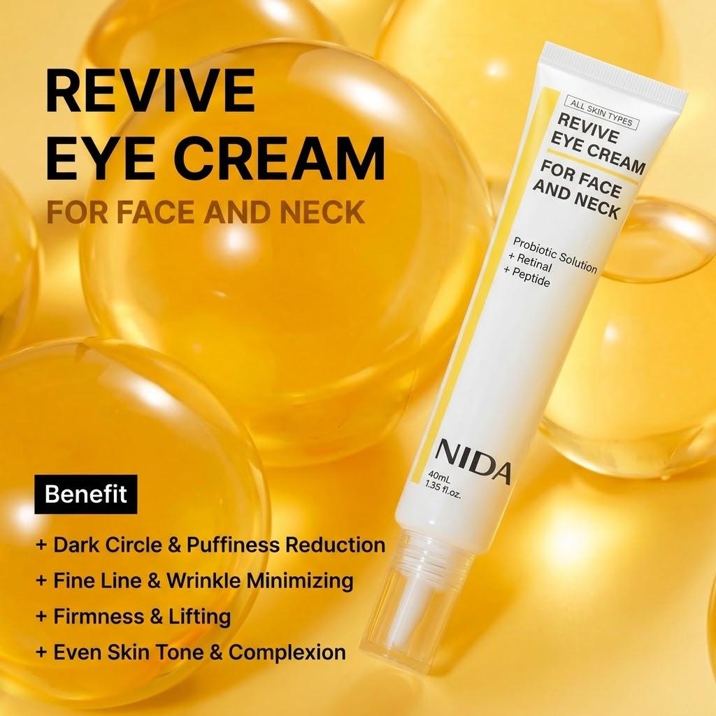 קרם עיניים NIDA Revive לפנים ולצוואר עם תמיסת ליזין פרוביוטית, רטינל, קומפלקס פפטידים, בקוכיאול