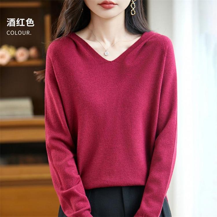Warm V Neck Hooded Knitted Sweater for Women Autumn Winter Hoodie Sweater