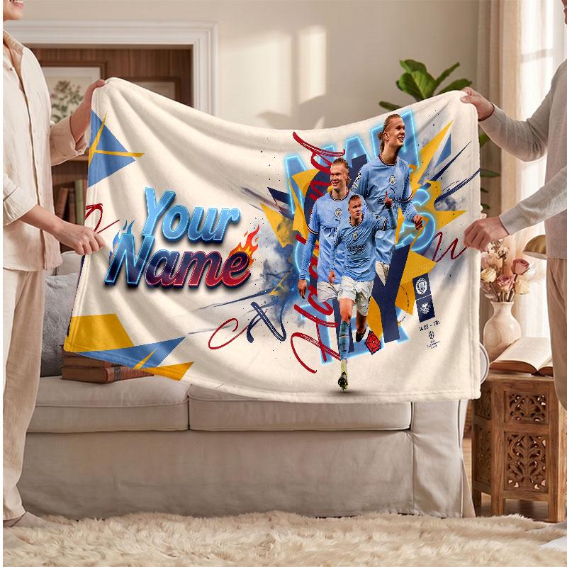 Erling Haaland Personalized Fleece Blanket With Football Logo, Custom Name Text Soft Warm Home Throw Blanket