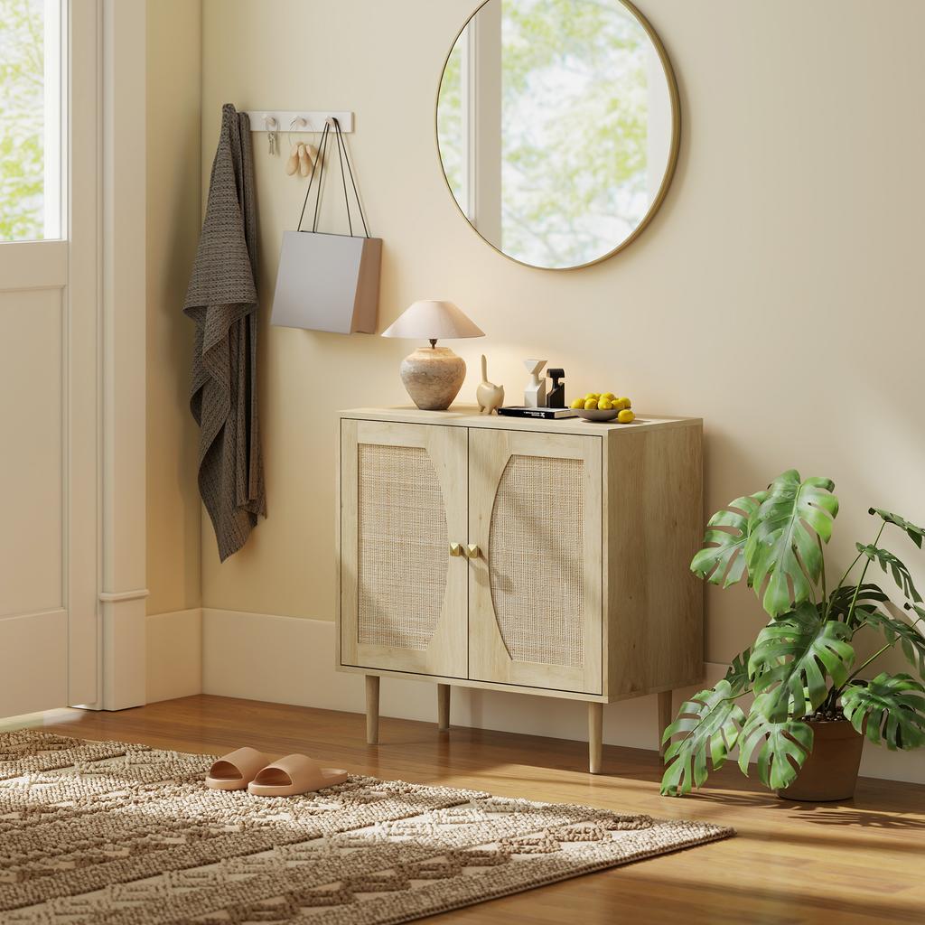 Kitchen Sideboard, Storage Cabinet with Double Doors and 2 Levels, Cane Front 80 x 38 x 79 cm Natural Wood Effect