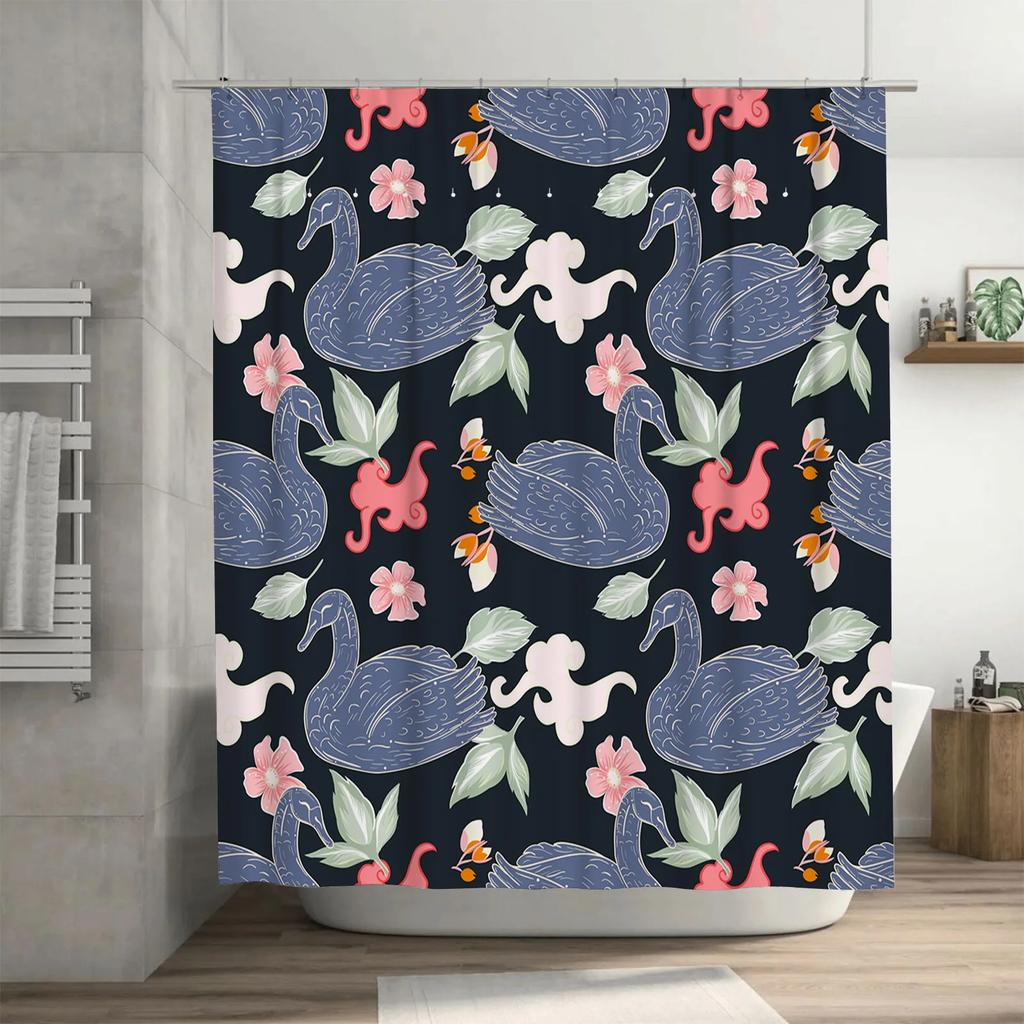 Swan Blue Shower Curtain Floral Pattern Decorative Fabric Waterproof Home Bathroom Accessory