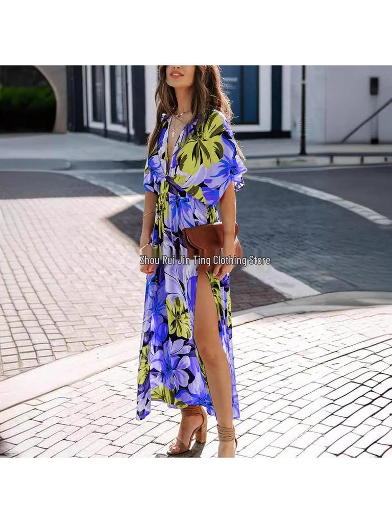 2026 Summer Floral V-Neck Dress: European & American Style, Slimming Fit for Women