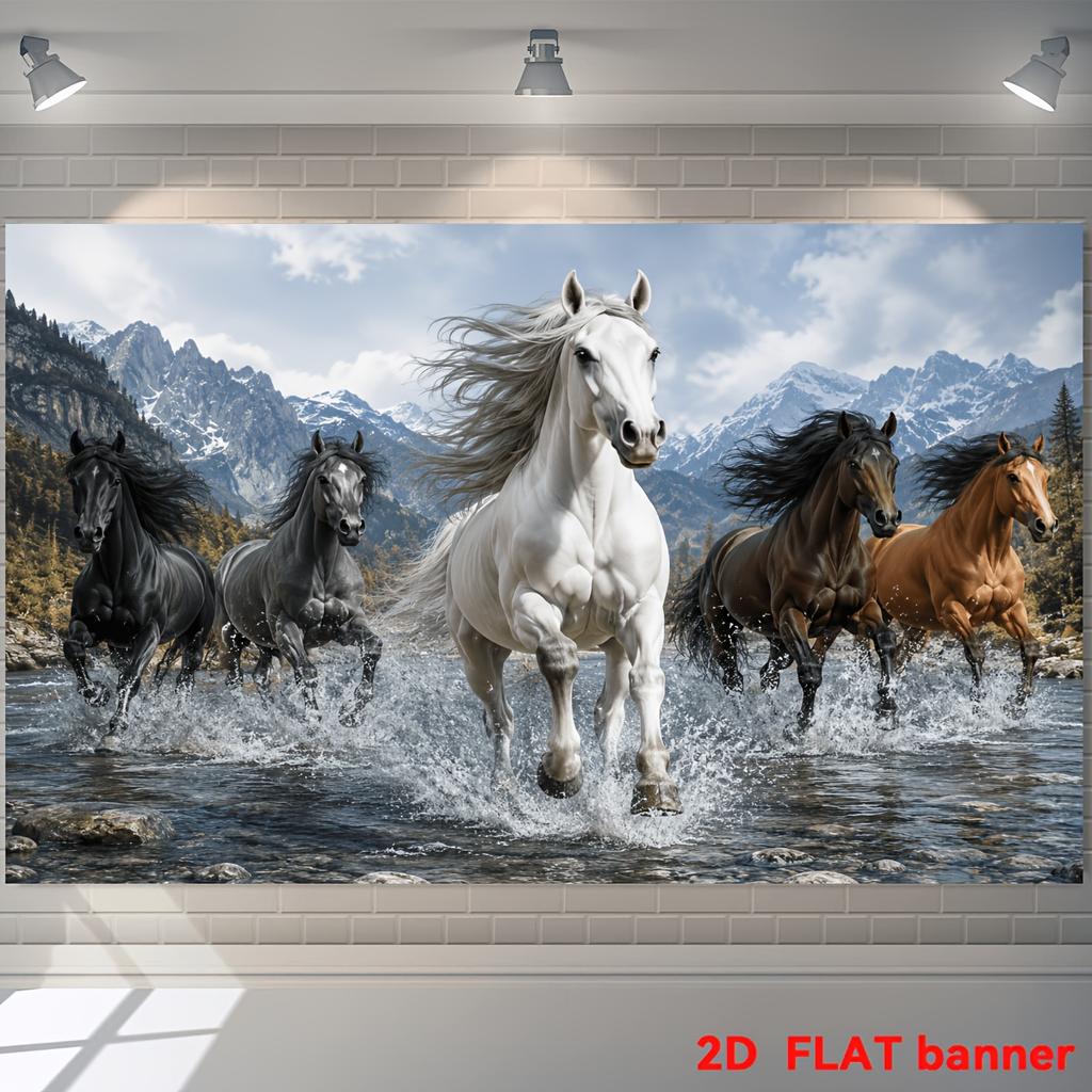 One 2D flag - a banner with a theme of galloping horses as the background, showing a group of horses galloping in a stream.