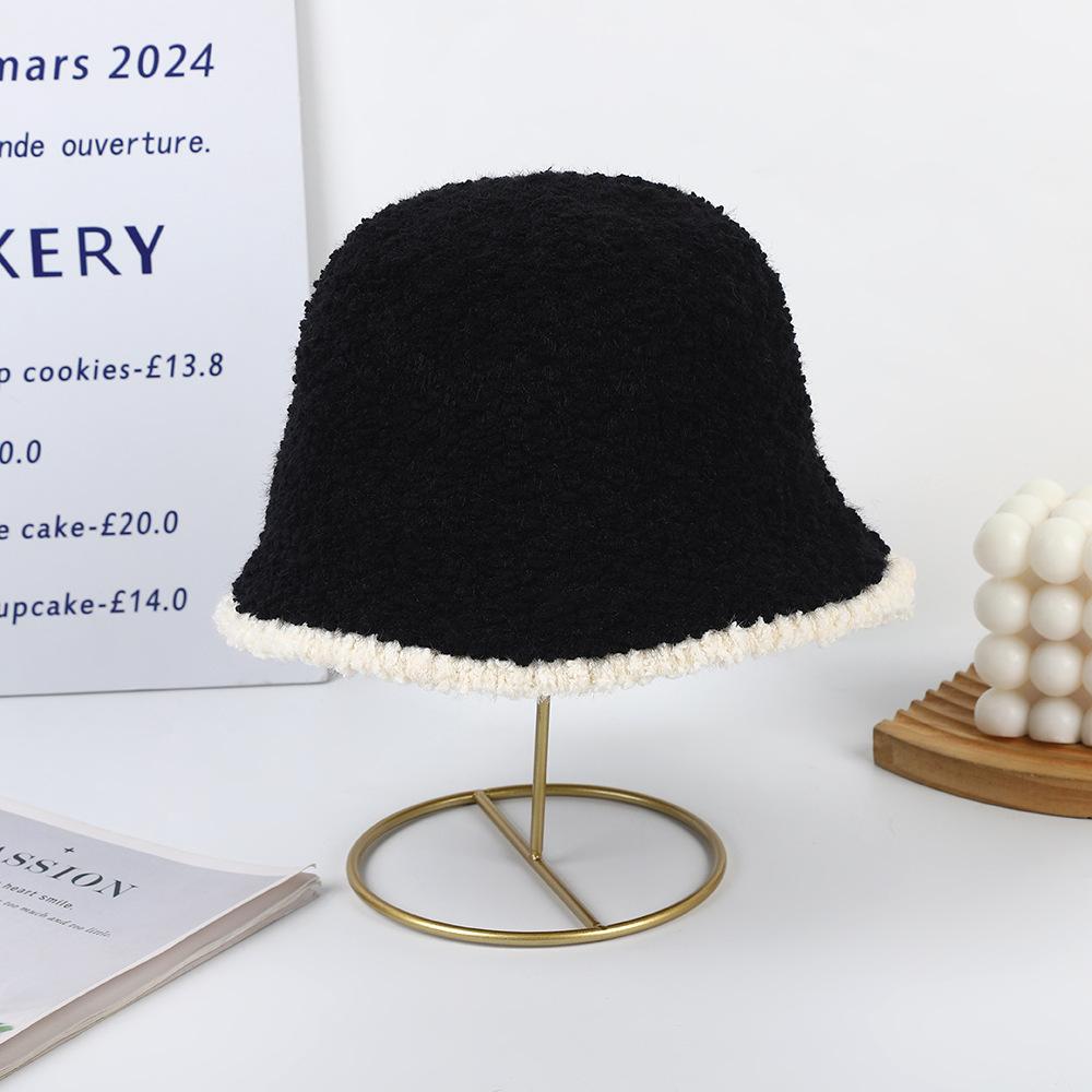 Bucket hat women's velvet thickened fashionable versatile knitted basin hat big head circumference showing small face ear protection warm hat