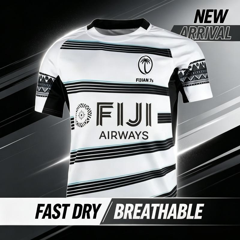 Fiji 7s Adulti-bambini Maglia da Rugby Bianca Nera Stampa Tribale Fiji Asciugatura Rapida Uomo Ragazzo Manica Corta Partita Allenamento Maglietta Sportiva 100-6XL