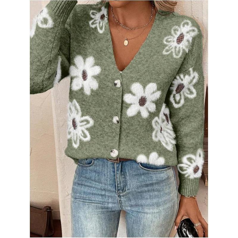 2025 Autumn Winter New European and American Flower Jacquard Pattern Button Front Closure Cardigan Long-sleeved Women's Clothing