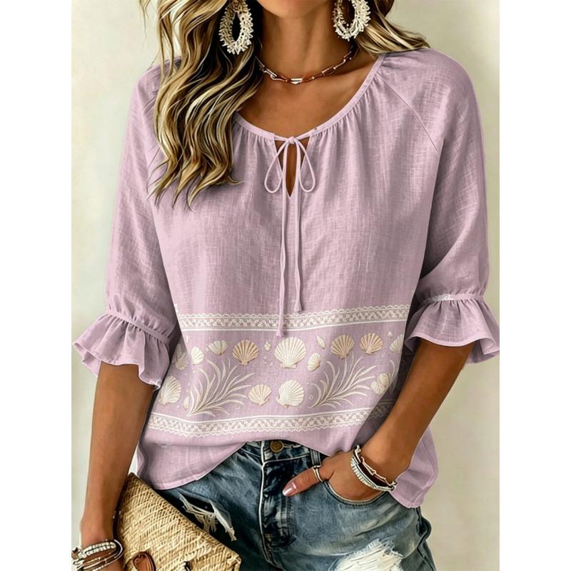 Women's Tie Split Neck Blouse, Light Purple White Seashell Border Print, Loose Fit for Spring Summer Daily Casual Outfits