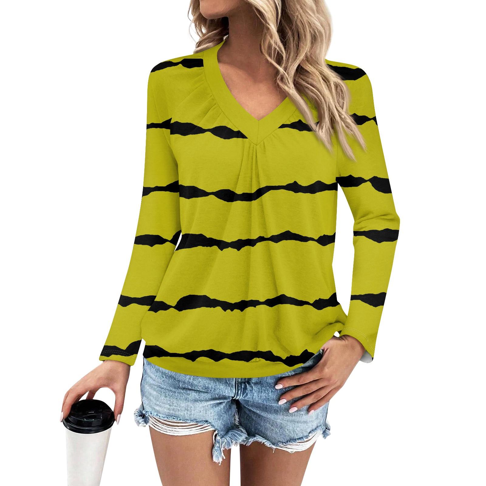 

Женская мода V-образный вырез плиссированные полоски принт повседневный длинный рукав XL жёлтый