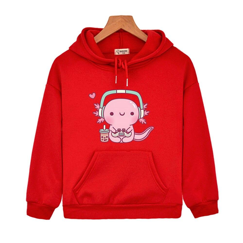 Cute Axolotl Playing Video Games Hoodie Cartoon Gamer Funny Print Sweatshirt Kids Clothes Boys Girl Clothing Y2k Winter Pullover