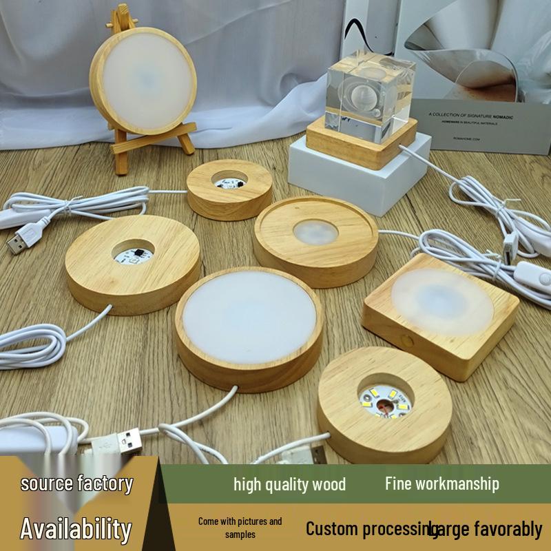Wooden LED Acrylic Night Light Base - DIY Round Luminous Stand