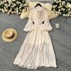 High-end Women's Dress New French Bead Three-dimensional Flower Lantern Sleeve Waist Pleated Drape Long Dress