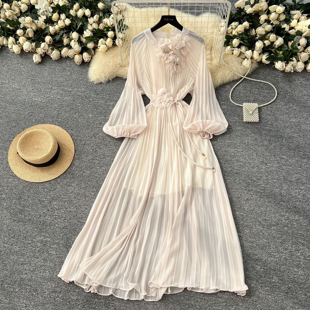 High-end Women's Dress New French Bead Three-dimensional Flower Lantern Sleeve Waist Pleated Drape Long Dress