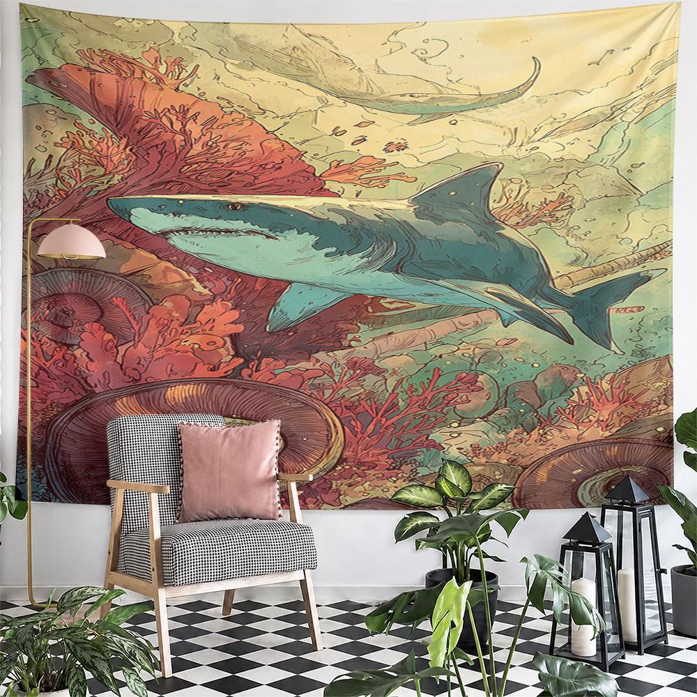 Shark in Vibrant Coral Reef Scene Pattern Wall Hanging Tapestry Decorative Tapestry Home Decor for Bedroom and Living Room